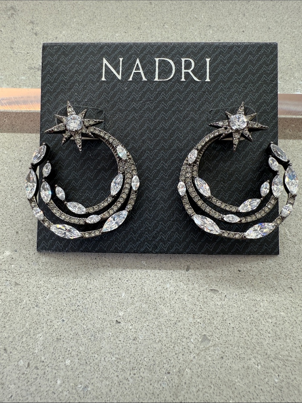 Nadri Black Metal and Clear Crystal Celestial Hoop Earrings